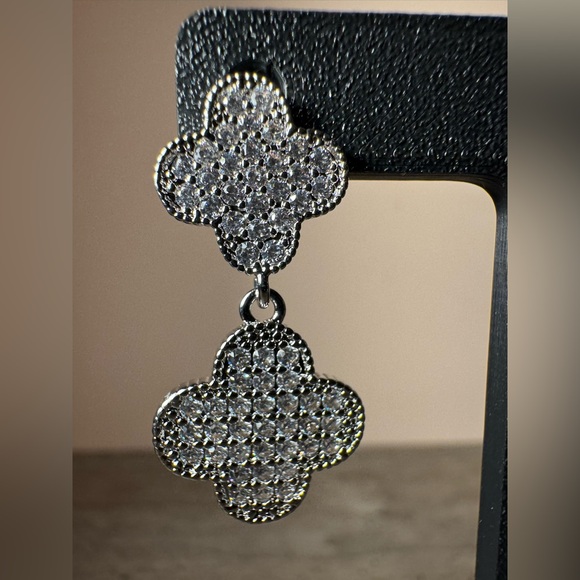Elegant Silver Pave CZ Clover Drop Earrings - Picture 3 of 5
